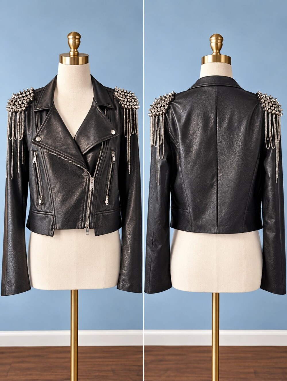 Custom Spiked Rhinestone Chain Epaulette Faux Leather Moto Jacket Black L